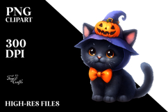 Simple Watercolor Halloween Baby Black Cat with Pumpkin PNG Product Image 2