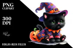 Simple Watercolor Halloween Baby Black Cat with Pumpkin PNG Product Image 2