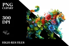 Abstract Tiger with Plant Leaves and 3D Flowers PNG Product Image 1