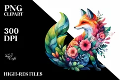 Abstract Vibrant Watercolor Fox with Plant Leaves JPEG Product Image 1