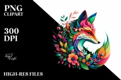 Abstract Vibrant Watercolor Fox with Plant Leaves JPEG Product Image 1
