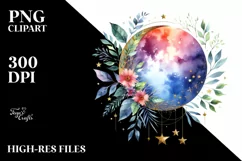 Vibrant Abstract Moon with Foliage and Stars Clipart Product Image 3