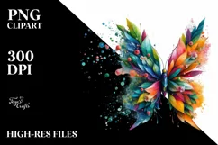 Abstract Vibrant Watercolor Butterfly with Plant Leaves JPEG Product Image 1