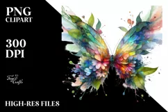 Abstract Vibrant Watercolor Butterfly with Plant Leaves JPEG Product Image 1