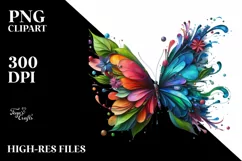 Abstract Vibrant Watercolor Butterfly with Plant Leaves JPEG Product Image 1