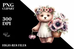 Cute Baby Bear with Anemone Bouquet | Sublimation | Clipart Product Image 1