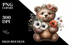 Cute Baby Bear with Anemone Bouquet | Sublimation | Clipart Product Image 1
