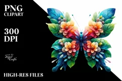 Abstract Vibrant Watercolor Butterfly with Plant Leaves JPEG Product Image 1