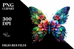 Abstract Vibrant Watercolor Butterfly with Plant Leaves JPEG Product Image 1