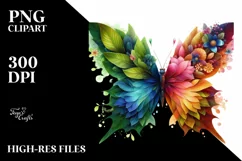 Abstract Vibrant Watercolor Butterfly with Plant Leaves JPEG Product Image 1