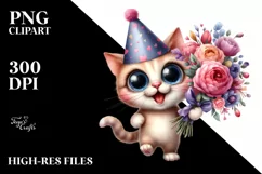 Expressive Watercolor Cat with Flower Bouquet Clipart Product Image 1
