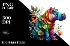 Abstract Hippo with Plant Leaves and 3D Flowers PNG Product Image 3