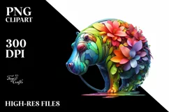 Abstract Hippo with Plant Leaves and 3D Flowers PNG Product Image 3