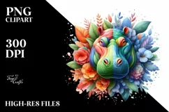 Abstract Hippo with Plant Leaves and 3D Flowers PNG Product Image 3