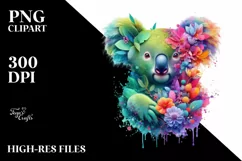 Abstract Koala with Plant Leaves and 3D Flowers PNG Product Image 3