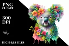 Abstract Koala with Plant Leaves and 3D Flowers PNG Product Image 1