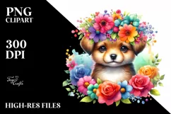 Cute Watercolor Puppy with Flower Crown Sublimation Clipart Product Image 1