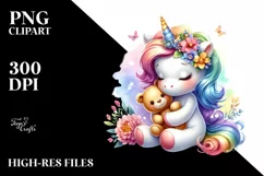 Baby Unicorn with Teddy Bear, Charming PNG Product Image 1