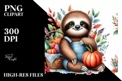 Quirky Baby Sloth Holding Basket Filled with Autumn Product Image 1