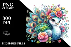 Cartoon-Style Peacock with Flower Crown Sublimation Clipart Product Image 1