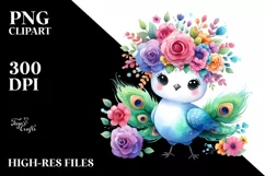 Cartoon-Style Peacock with Flower Crown Sublimation Clipart Product Image 3