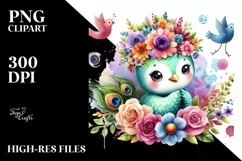 Cartoon-Style Peacock with Flower Crown Sublimation Clipart Product Image 1