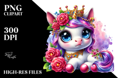 Crazy Cute Unicorn with Royal Crown, Watercolor PNG Product Image 2