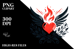 Simple Paintbrush Style Heart with Wings and Fire, PNG Product Image 2