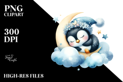 Whimsical Baby Penguin Sleeping on a Moon, PNG Product Image 2