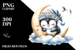 Adorned Baby Penguin Sleeping on Moon, PNG Product Image 2