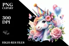 Colorful Unicorn with Birthday Hat, PNG Product Image 1