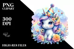 Colorful Unicorn with Birthday Hat, PNG Product Image 1