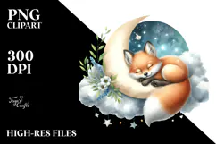 Whimsical Fox Sleeping on Moon, Watercolor PNG Product Image 2