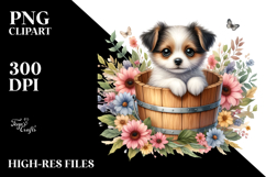Watercolor Cute Baby Dog in Flower Bucket PNG Product Image 2