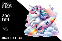 Colorful Baby Unicorn with Rocket Ship PNG Product Image 1