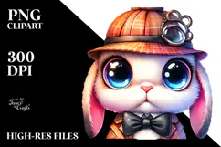 Crazy Eyes Rabbit with Detective Hat, Watercolor PNG Product Image 2