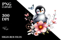 Penguin on Spring Flower, Watercolor PNG Product Image 2
