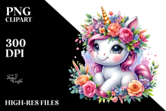 Adorable Baby Unicorn with Floral Wreath, Lovely PNG Product Image 2