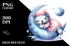 Whimsical Baby Seal Sleeping on Moon Clipart Product Image 2