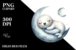 Whimsical Baby Seal Sleeping on Moon Clipart Product Image 2