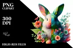 Abstract Bunny with Plant Leaves and 3D Flowers PNG Product Image 1