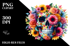 Colorful Skull and Flower Watercolor PNG Product Image 2