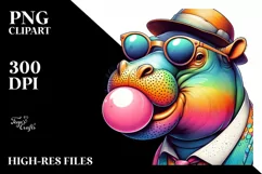 Hippo Portrait with Sunglasses Hat, Watercolor Style, Product Image 1