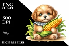 Baby Puppy Holding Corncob, Watercolor Style, Clipart Product Image 1