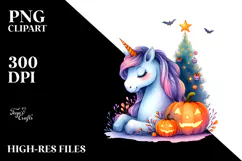 Simple Watercolor Unicorn with Halloween Scenery PNG Product Image 2