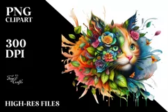 Abstract Kitten with Plant Leaves and 3D Flowers PNG Product Image 3