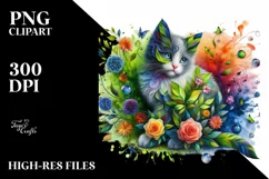 Abstract Kitten with Plant Leaves and 3D Flowers PNG Product Image 3
