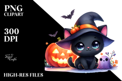 Simple Watercolor Halloween Baby Black Cat with Scenery PNG Product Image 2