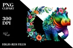 Abstract Hippo with Plant Leaves and 3D Flowers PNG Product Image 3