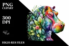 Abstract Hippo with Plant Leaves and 3D Flowers PNG Product Image 3